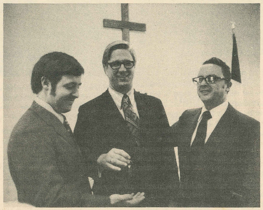 March 1973 Rev. William E. Austin, Jr. receives the keys <BR>for the new building from Luther Hoy, the contractor. <BR>Watching is Rev. David Shreeves, former pastor of the Diamond Springs Christian Church, <BR>who gave the dedication sermon. <BR> <BR>Courtesy The Virginia Christian