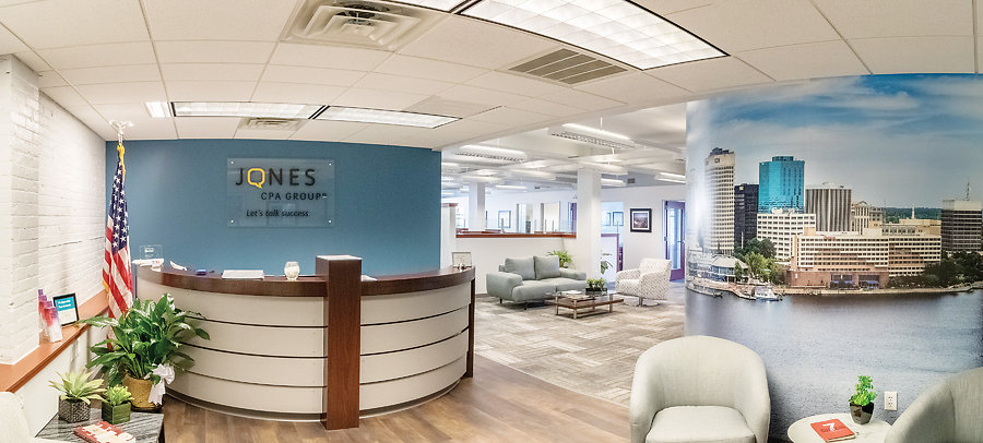 The reception area of Jones CPA Groupâ€™s new Norfolk office, <BR>featuring a mural of  the cityâ€™s waterfront. <br>Photo by Terry Young - Air Aspects