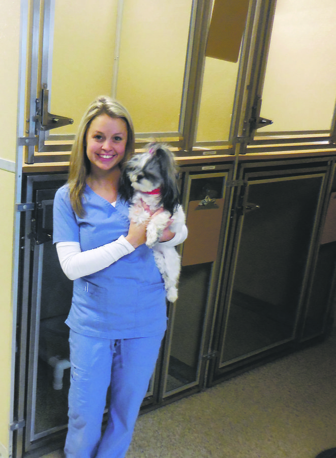 Office Manager Megan Rockwell with a guest at Barker Animal Hospitalâ€™s boarding facility.