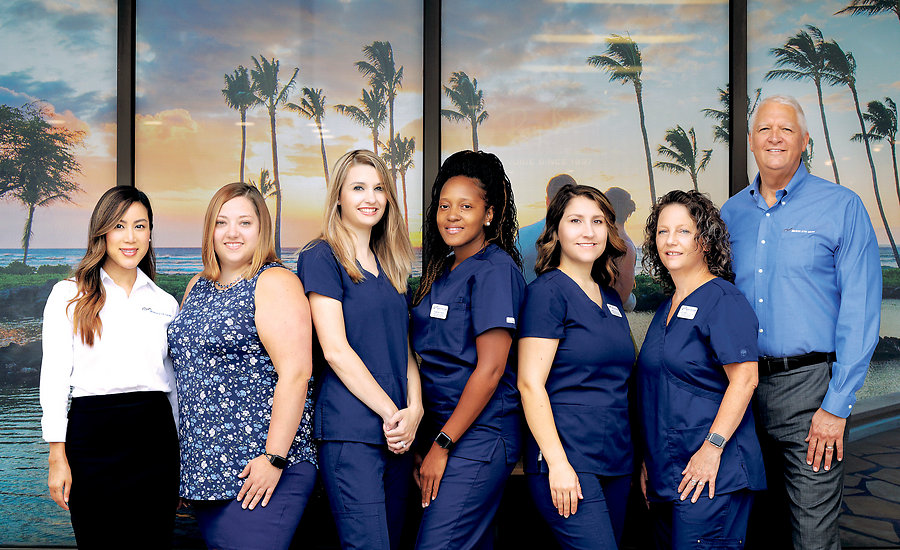 The staff of Beach Eye Care in Kempsville. From left: <BR>Melissa Le, OD, Emily Kohler, Carrie Kaczmarek, Tameika Hines,<BR> Danelle Magrini, LeAnn Darby and Steven Wilkins, OD.  <BR>Photo by Stephen Coiner Photography