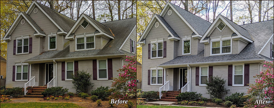 These before-and-after photos show how a soft washing from Sudsy can restore the appearance of a homeâ€™s exterior.